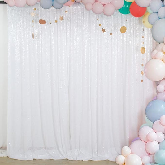 ShiDianYi 10x10 FT White Sequin Backdrop Curtain - Elegant Shimmer Fabric for Photography, Parties & Weddings - No Dropping Sequins & Dense Embroidery White Backdrop Background