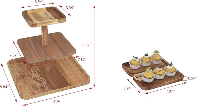 Acacia Wood 3 Tier Cupcake Stand with 2 Removable Snack Tray, Rustic Square Cup Cake Tower Stand for 25 Cupcakes, Display Cakestand for Wedding, Birthday, Serving Tea Party, Natural
