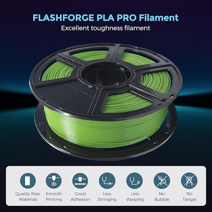 FLASHFORGE 3D Printer Filament, PLA PRO Filament 1.75mm, 1KG Spool (2.2lbs), Dimensional Accuracy +/- 0.02mm for FDM 3D Printers, Better Tenacity & No Knotting (Green)