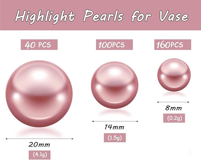 300Pcs Rose Gold Polished No Hole Faux Pearl Beads for Vase Filling Decorations, Plastic Pearls Vase Fillers, Table Scatters, Wedding Centerpiece, Home Decor, 8/14/20 mm