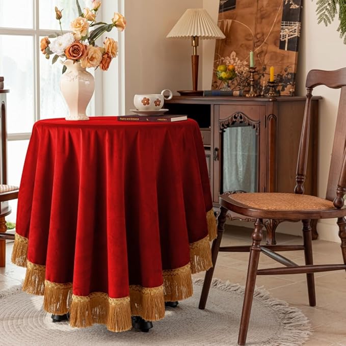F-CHU Red Tablecloth Thickset Velvet Tablecloth with Beautiful Gold Tassels Vintage Table Cloth for Home Decor Wedding, Party, Banquet and Events 70" Round