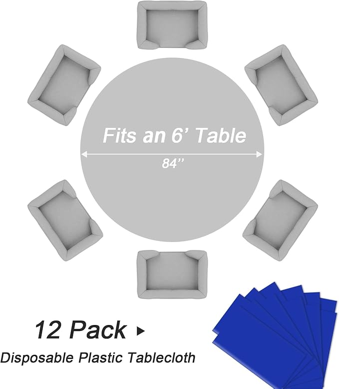 QIKSION Dark Blue Round Tablecloth 12 Pack, 84 Inch Plastic Table Cover Disposable for Parties