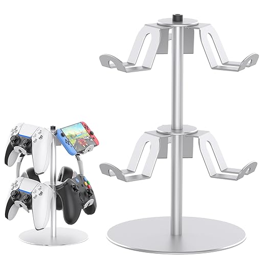 DGPCT Controller Stand Compatible with Xbox PS5 PS4 Nintendo Switch Pro, 2 Tiers Aluminum Headset Holder, Gaming Headphone and Controller Holder Organizer Rack, Universal & Stable (Silver)