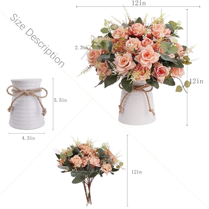 LESING Artificial Rose with Vase,Fake Silk Flowers Bouquets in Vase Table Centerpiece Arrangement for Kitchen Living Room (Pink-1)