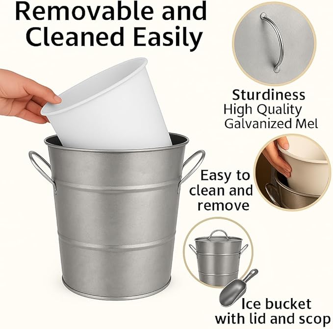 Insulated Ice Bucket with Lid Scoop Handle for Parties Cocktail Bar, 4L Round Mental Champagne Drink Wine Bucket for Drinks Metallic