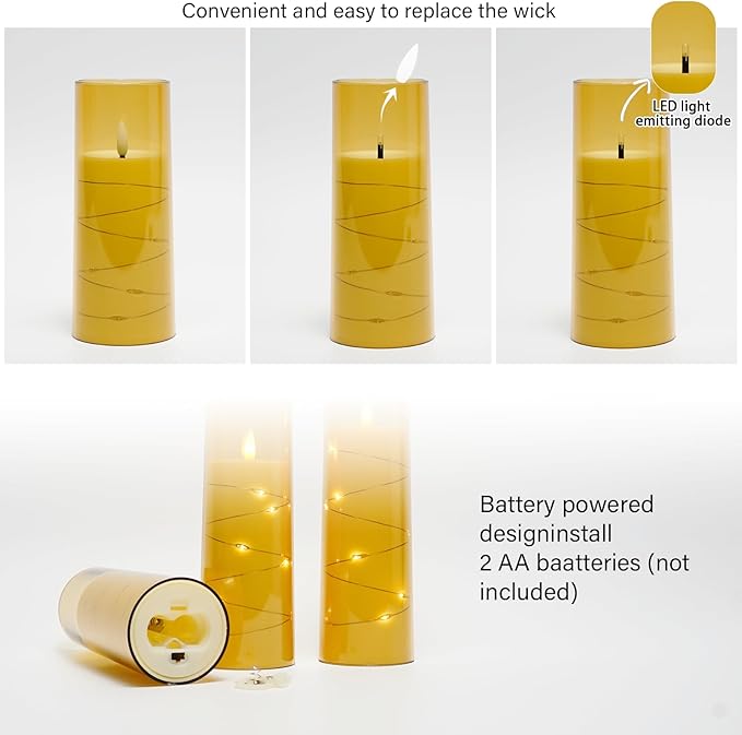 Flameless LED Candles with Timer 9 Pc Flickering Flameless Candles for Romantic Ambiance and Home Decoration Stable Acrylic Shell,with Embedded Star String，Battery Operated Candles（Gold）