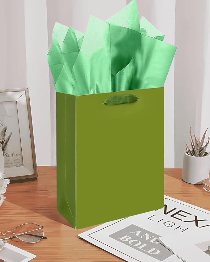 Gcardist Olive Green Gift Bags with Tissue Paper for Wedding, Birthday, Party Supplies-7.9"x4.3"x9.6" Medium Size Cardboard Gift Bags（5pcs Bags +10pcs Tissue Paper ）
