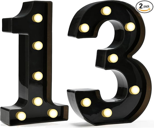 Pooqla Decorative Led Light Up Number Letters, Black Plastic Marquee Number Lights Sign for 13th Birthday Party Wedding Decor Battery Operated Black Number 13