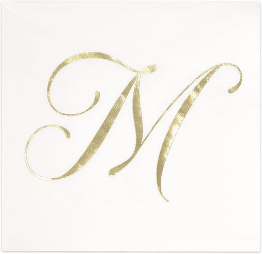 Gift Boutique 100 Gold Monogram Cocktail Napkins Letter M Disposable Paper Pack Elegant Metallic Golden Foil Hand Napkin for Powder Room Wedding Holiday Birthday Party Baby Shower Decorative Towels