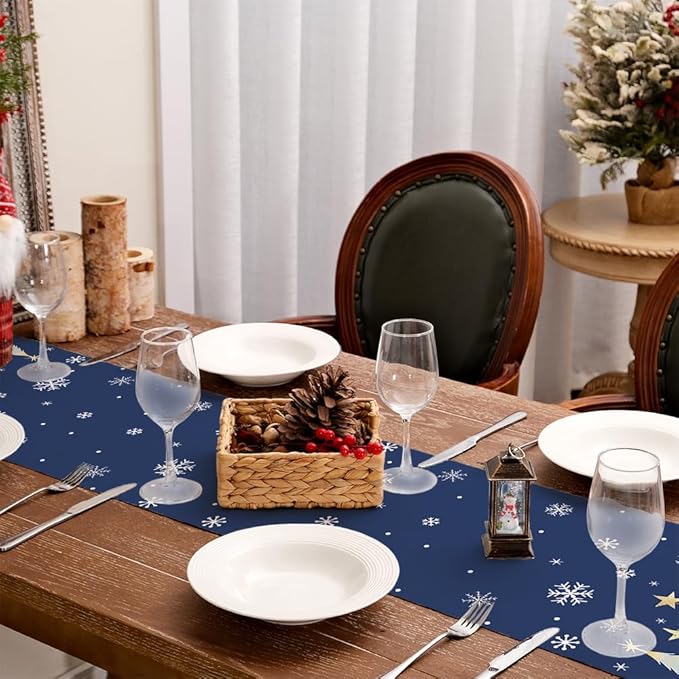 GEEORY Christmas Table Runner 13x120 Inch, Xmas Trees Snowflakes Holiday Decorative Farmhouse Table Decoration for Kitchen Dinning, Indoor Outdoor Dinner Party Decor (Blue) GT151-120N