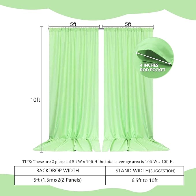 2 Panels Light Green Backdrop Curtain, 10 x 10 Feet Satin Background Curtains for Parties, Weddings, Baby Showers, Halloween, Christmas Birthday Party Photoshoot Backdrop Curtains Decorations