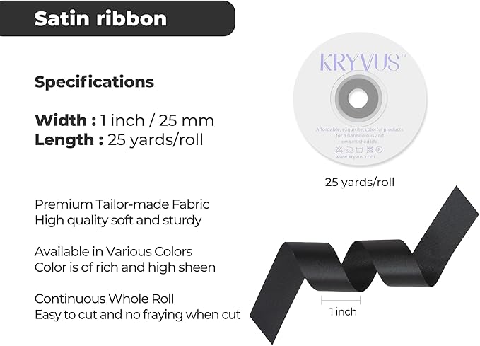 Black Satin Ribbon 1 inch X Continuous 25 Yards, Single Face Polyester Ribbon Perfect for Gift Wrapping, Flower Bouquet, Wedding Decor, Crafts, Bow Making, Sewing and More