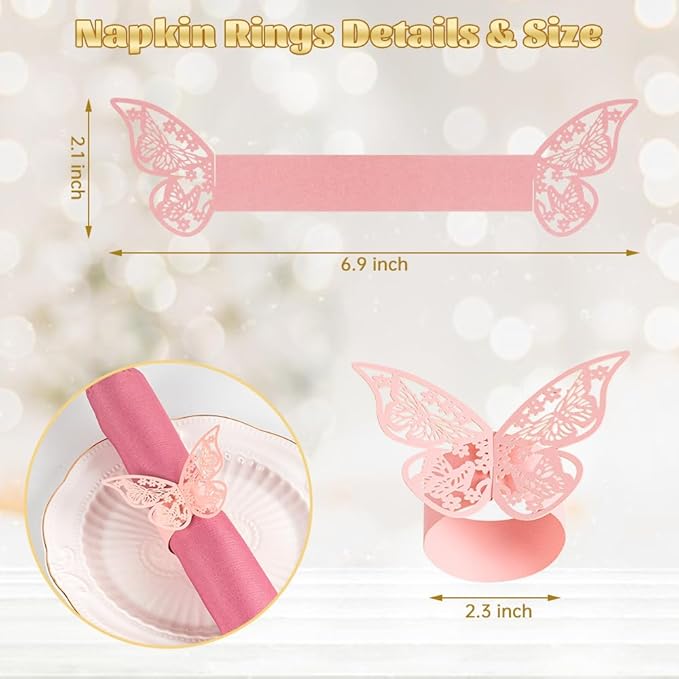 100 Pcs Napkin Rings Laser Cut Butterfly Shape Foil Paper Napkin Holder for Weddings Party Serviette Table Decoration Restaurant (Pink)