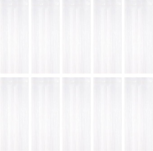 10 Pack White Foil Curtain Backdrop 3.2ft x 9.8ft Black Metallic Tinsel Foil Fringe Curtains Streamer Photo Booth Backdrop for Birthday Party Engagement Bachelorette Party Decorations (White)