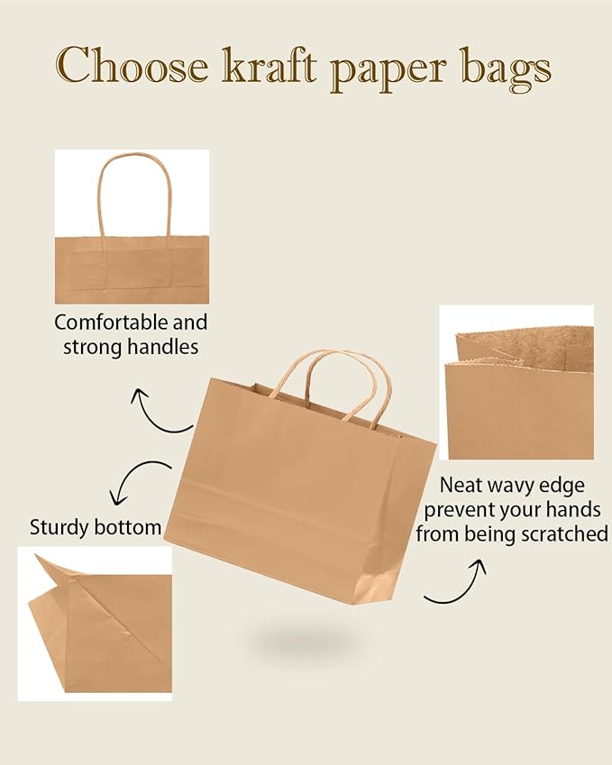 qiqee 30-Packs Brown Gift Bags with Handles Bulk 13"x4.5"x10" Wide Large Size Party Paper Bags