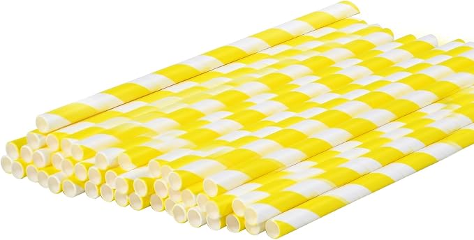 Eco-friendly Yellow White Striped Disposable Paper Drinking Straws 7.75'' x 0.24'' 100 Counts - for Cocktail, Party, Juice, Water, Milk