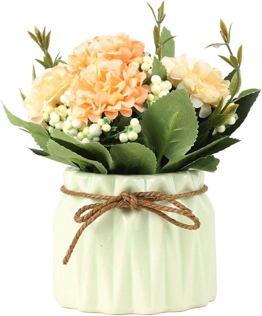 Artificial Hydrangea Bouquet with Small Ceramic Vase Fake Silk Variety Flower Balls Flowers Decoration for Table Home Party Office Wedding (Green)