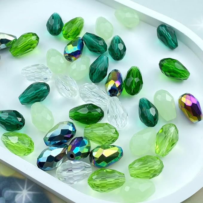 110pcs 6x8mm Teardrop Crystal Glass Beads Vertical Hole Faceted Loose Spacer Beads for DIY Craft Jewelry Making Necklace Bracelet Earring Wind Chimes(Green Series)