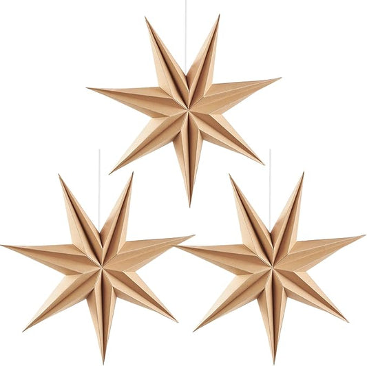 3PCS 12inch 7-Pointed Natural Paper Star Landerns Hanging Decoration Set Festive Holiday Decor Stars Shape Landerne for Christmas Home Deco