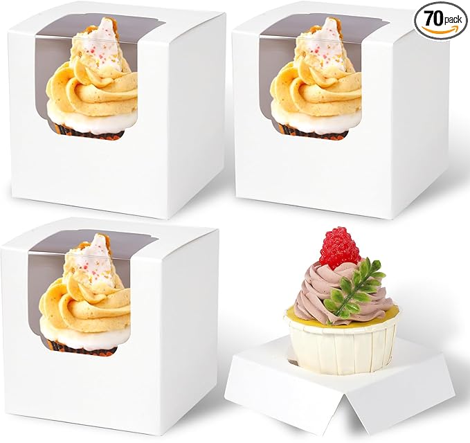 JCD 70pcs Cupcake Boxes, 3.5inches Auto-Pop up Single Individual Pre-Assembled White Cake Boxes with Window and Inserts Single Cupcake Containers for Birthdays, Wedding(White/70Pcs)