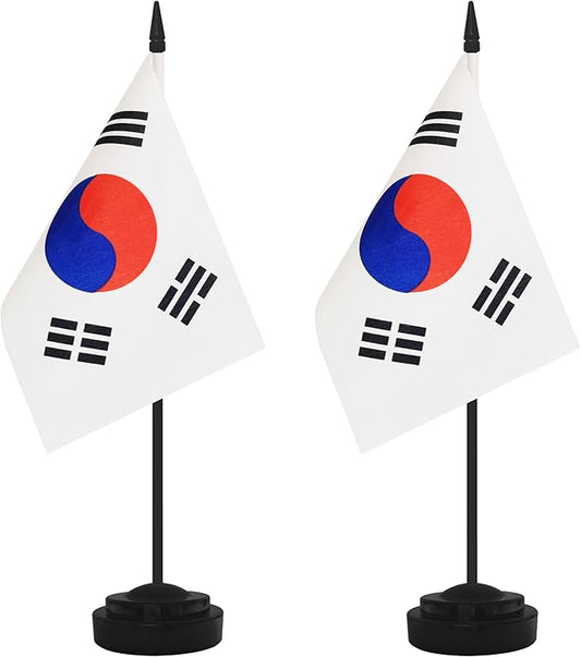 2 Pack Korea Desk Flag Set, Korean Desktop Small Miniature Table Office Flag with 12" Black Pole and Black Base, Offices, Classroom, Home, Festival Decoration (Korea)