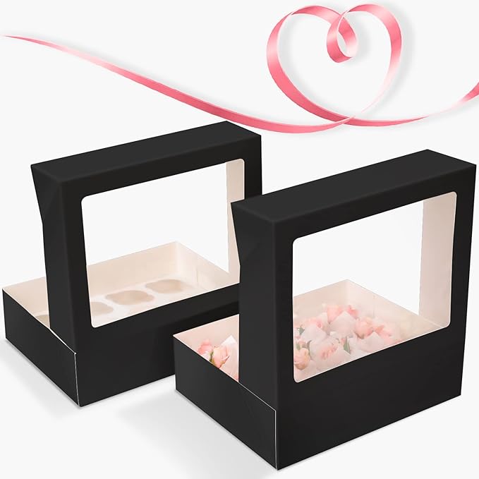 12 Cupcake Containers 20-Packs Black Cupcake Box Cupcakes Carrier, 12 Cupcake Boxes with Window 13"x10"x3.5"（Auto-pop up）
