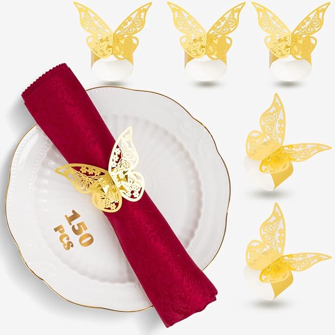 150 Pcs Napkin Rings Laser Cut Butterfly Shape Foil Paper Napkin Holder for Weddings Party Serviette Table Decoration Restaurant (Gold)