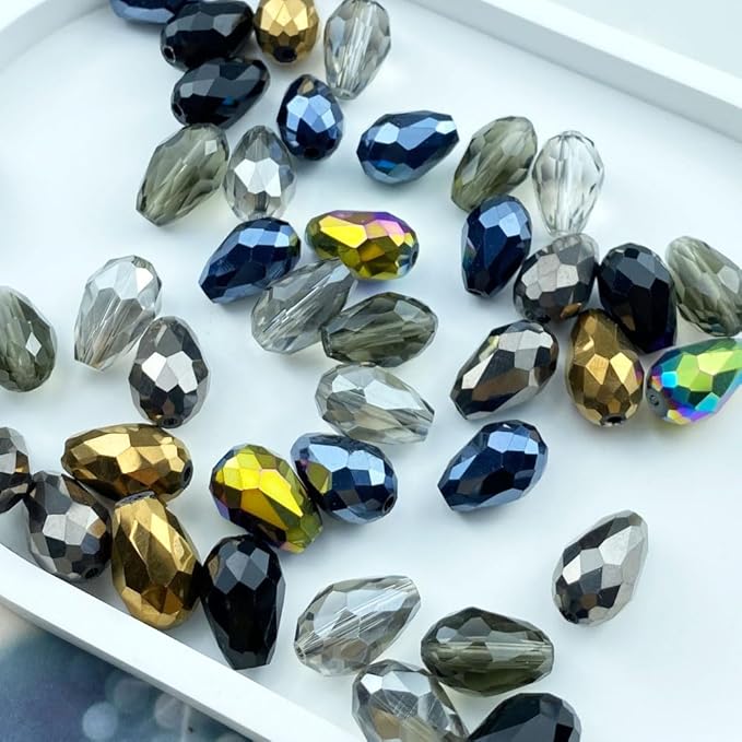 70pcs 8x12mm Teardrop Crystal Glass Beads Vertical Hole Faceted Loose Spacer Beads for DIY Craft Jewelry Making Necklace Bracelet Earring Wind Chimes(Black Series)