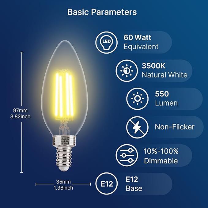 FLSNT 60W Equivalent LED Chandelier Light Bulbs, Dimmable LED B11 E12 Candelabra Base Bulbs, 3500K Natural White, 550LM, 24 Pack UL,CA65 Listed.