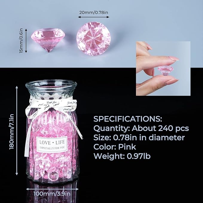 Acrylic Diamond Fake Gems Vase Filler, Babenest 240pcs 3/4 Inch Faux Diamonds Crystals Jewels for Table Scatters Wedding Party Event Arts & Crafts Birthday Decoration Favor (Pink)
