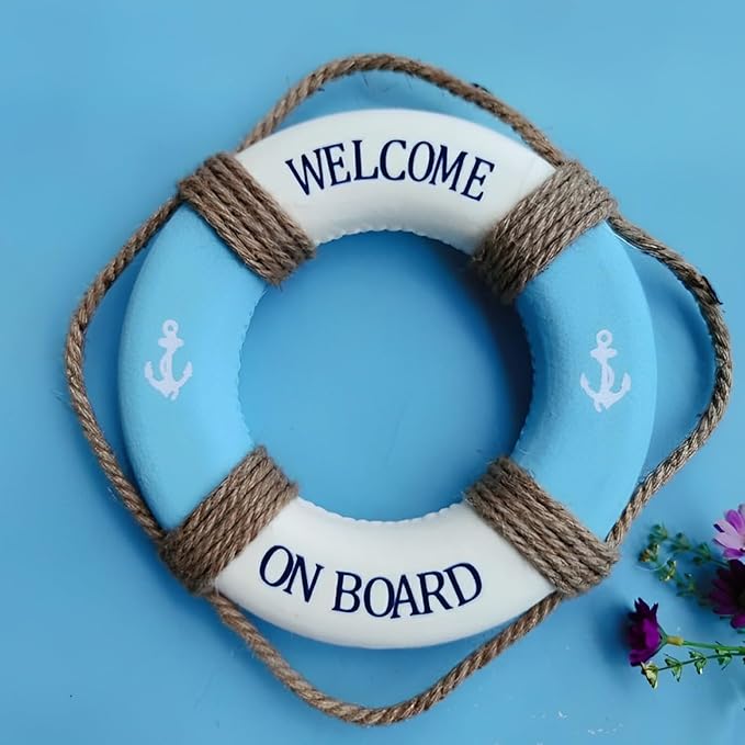 MorroMorn Lifebuoy Wall Hanging Decor - Welcome Aboard Mediterranean Style Home Decoration Hemp Rope (Blue, 20")