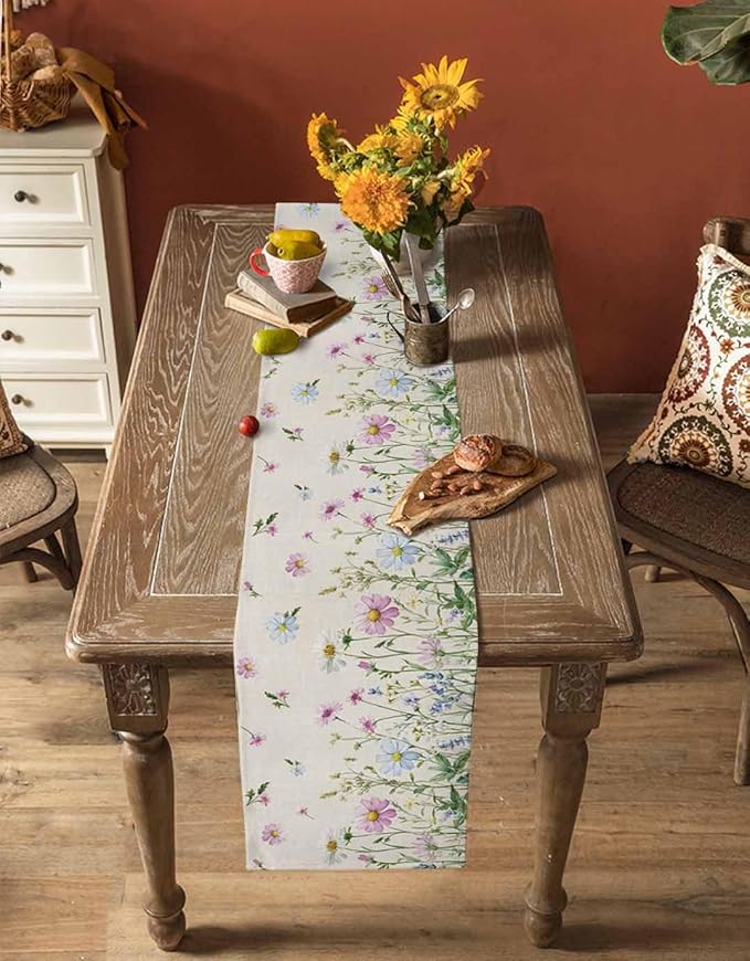 Vintage Wildflowers Cotton Linen Table Runner for Dining Kitchen, Wedding Outdoor Party Tablerunners Decoration, Farm Floral Pink Botanical Plants Dresser Scarf Coffee Tablecloth Runners 13x72 Inches