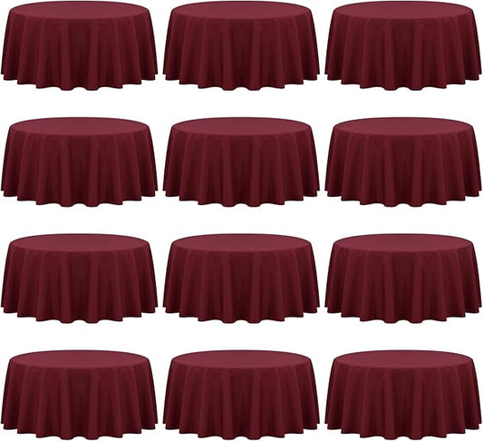 Fani 12 Pack 90 Inch Round Burgundy Polyester Tablecloths for Round Table, Wedding Party, Dining Table, Buffet, Banquet, Restaurant, Camping