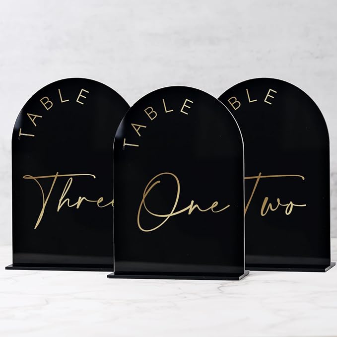 Black Arch Wedding Table Numbers 1-30 with Stands, 5x7 Inch Arch Acrylic Sign Black and Gold Lettering, Arch Acrylic Table Numbers for Wedding Reception