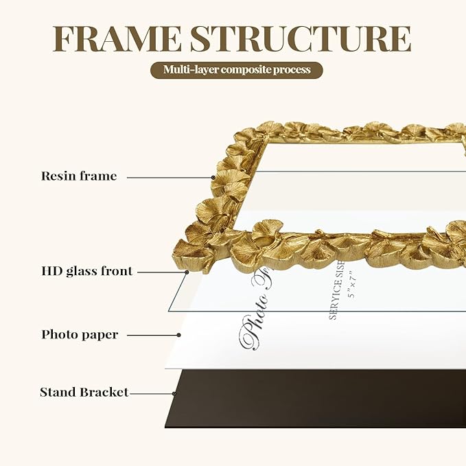 Cuspin 5x7 Picture Frame Vintage Gold Frames, Ornate Leaf Textured Hand-Crafted Resin with Glass Front, Gold Picture Frames for Tabletop Display, Retro Design Home Decor