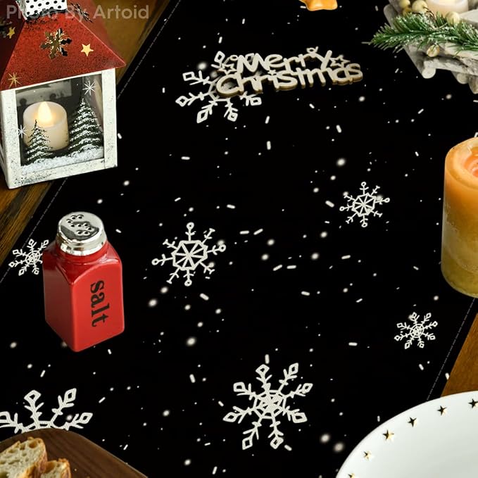 Artoid Mode Black Snowman Snowflake Let it Snow Winter Table Runner, Christmas Kitchen Dining Table Decoration for Home Party Decor 13x72 Inch