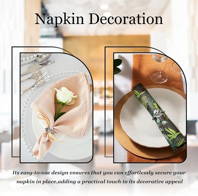 40 Pcs Leaf Napkin Rings Set, Silver Metal Napkins Rings Holders Bulk for Cloth Napkins Table Adornment for Wedding, Birthday, Thanksgiving, Christmas, Banquet, Dinning Table Decorations