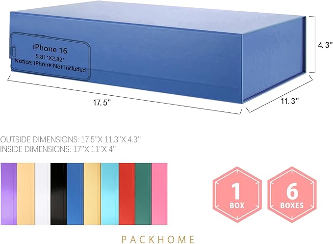 PACKHOME 6 Extra Large Gift Boxes 17.5x11.3x4.3 Inches, Sturdy Shirt Boxes with Magnetic Lids for Clothes and Large Gifts (Glossy Blue)