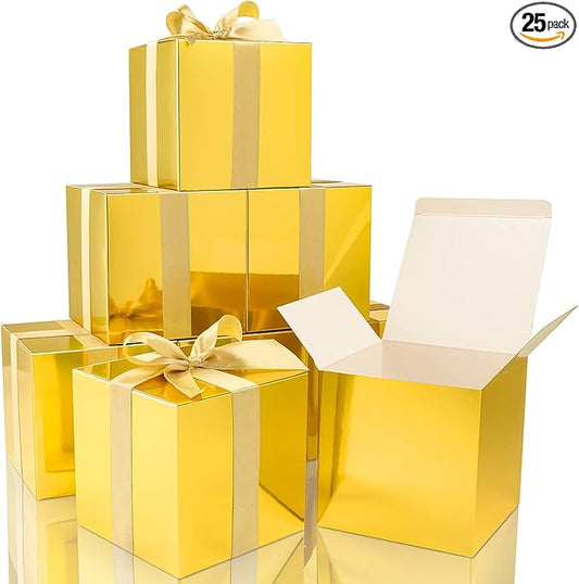 COTOPHER Small Gift Boxes 25 Pack 5x5x5 inches Gold Gift Boxes with Lids for Gifts, Crafting, Wedding Party Favor, Cupcake Boxes, Candy, Bridesmaids Proposal Box with Ribbons and Stickers