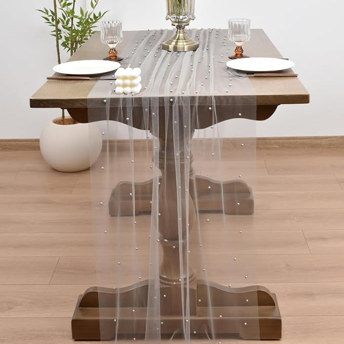 Joanlody Fall Pearl Table Runner 10ft Rustic Boho Tulle Table Runner with Pearls for Baby Shower Wedding Party Veil Dessert Thanksgiving Table Decor Gray 4pcs