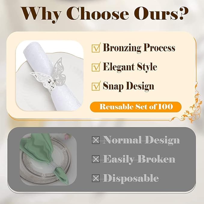 150 Pcs Napkin Rings Laser Cut Butterfly Shape Foil Paper Napkin Holder for Weddings Party Serviette Table Decoration Restaurant (Silver)