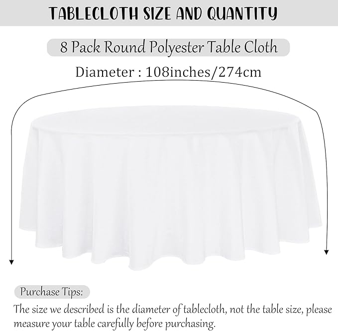 8 Pack Premium Round Tablecloth 108 Inch Round Table Covers Washable Polyester Fabric Round Table Clothes for Wedding Party Reception Banquet Buffet Restaurant (White, 108 Inch)