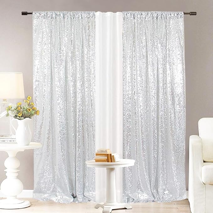 Eternal Beauty Silver Sequin Backdrop Curtains, Shimmer Back Drop 2Panels-2FTx8FT for Christmas, Party, Birthday, Photography, Wedding, Baby Shower Event Decoration
