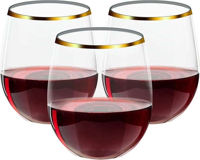 FOCUSLINE 32 Pack 12 OZ Plastic Wine Glasses, Stemless Disposable Wine Cups, Gold Rim Unbreakable Wine Glasses, Reusable Shatterproof Recyclable and BPA-Free Plastic Wine Cups