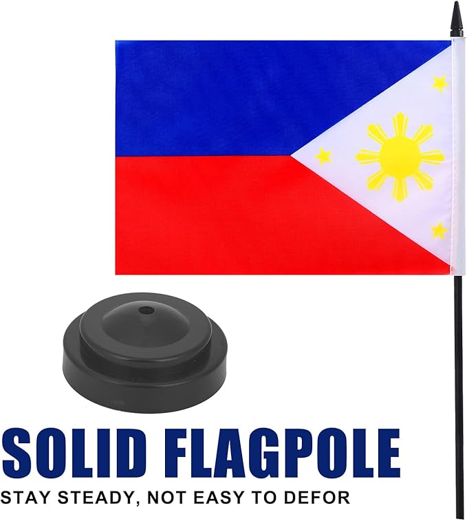 Philippines Desk Flag 12" Solid Pole Deluxe Set Filipino Flags Banner Mini Small Philippines Office Table Flags with Black Stand Base Desktop Decorations(2Pack)