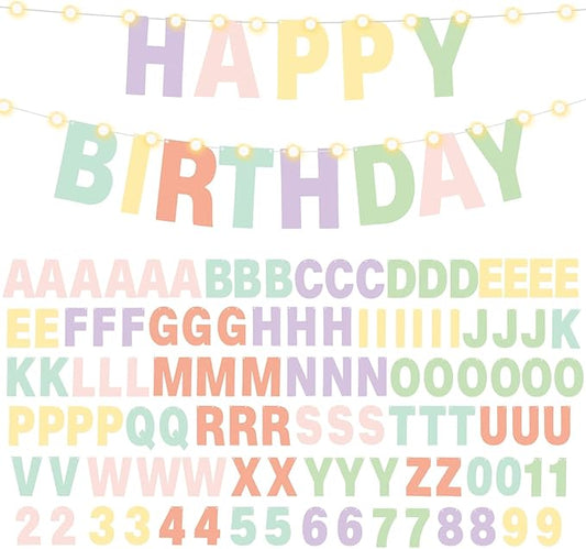 TaoBary 112 Pcs DIY Letter Kit Glitter Customizable Banner Letters Include 107 Letters and Numbers 3 Rope and 2 Needles for Birthday Halloween Christmas Wedding Valentine Party Decor(Macaron Color)