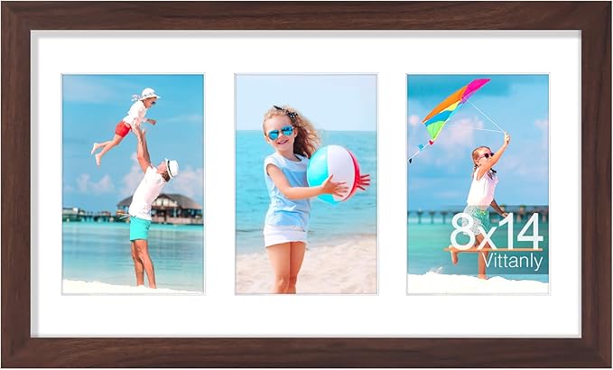 Vittanly 8x14 Picture Frames Collage, Displays 3Pcs 4x6 Pictures with Mat, Collage Picture Frame for Horizontal or Vertical Display, Brown, 1 Pack
