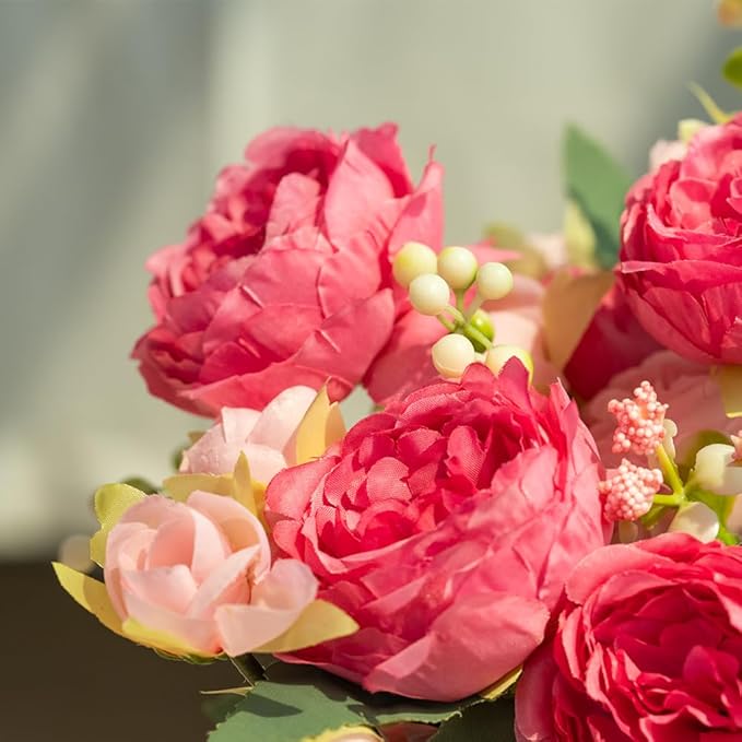 Artificial Peonies Silk Flowers in Glass Vase Faux Flowers Bouquets Modern Penoy Arrangement 4 Pack for Home Decoration Table Centerpiece (Rose Red)