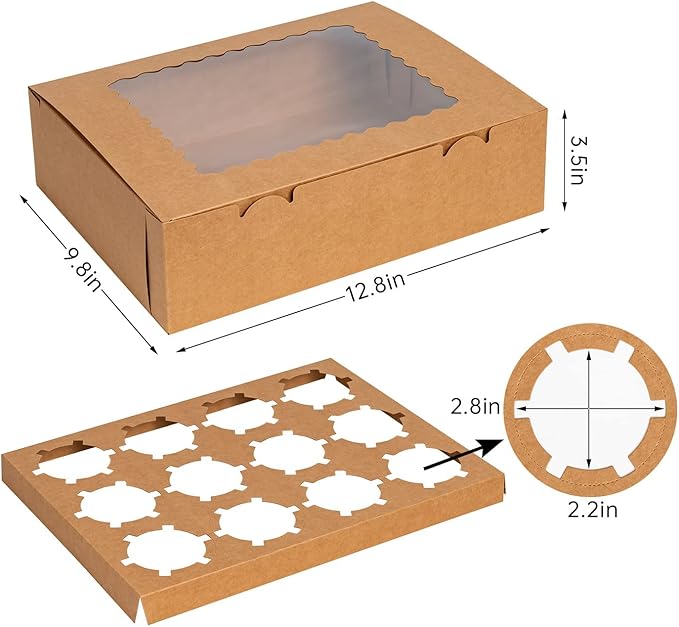 Rarapop 25 Pack Cupcake Boxes Hold 12 Standard Cupcakes, Food Grade Cupcake Holders Bakery Carrier Boxes with Windows and Inserts for Cupcakes, Muffins and Pastries