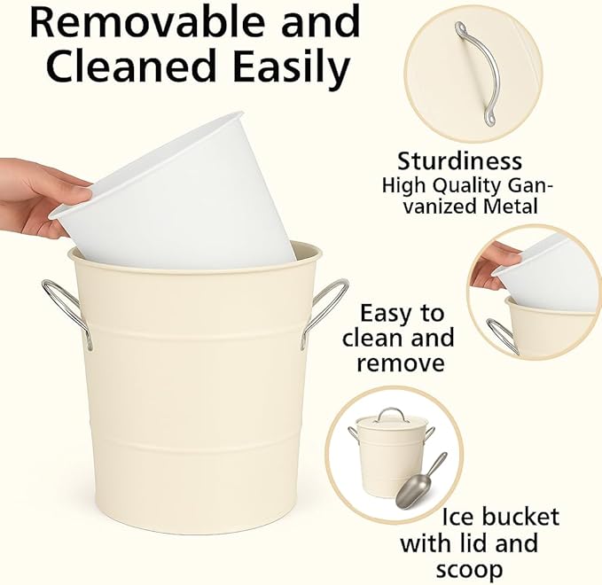 Insulated Ice Bucket with Lid Scoop Handle for Parties Cocktail Bar, 4L Round Mental Champagne Drink Wine Bucket for Drinks White